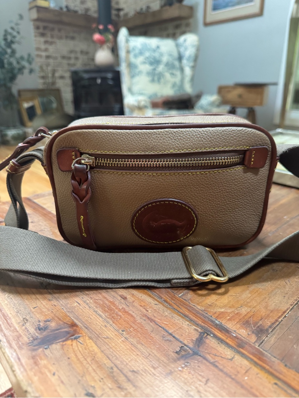 Dooney & Bourke Tan and Brown Pebbled Leather Crossbody Belt Bag